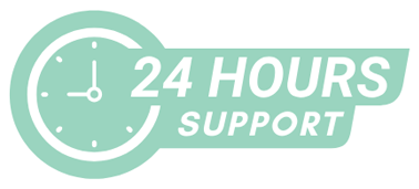 Clock icon with text '24 Hours Support' in mint green, representing round-the-clock home care services by Exhava in San Diego.